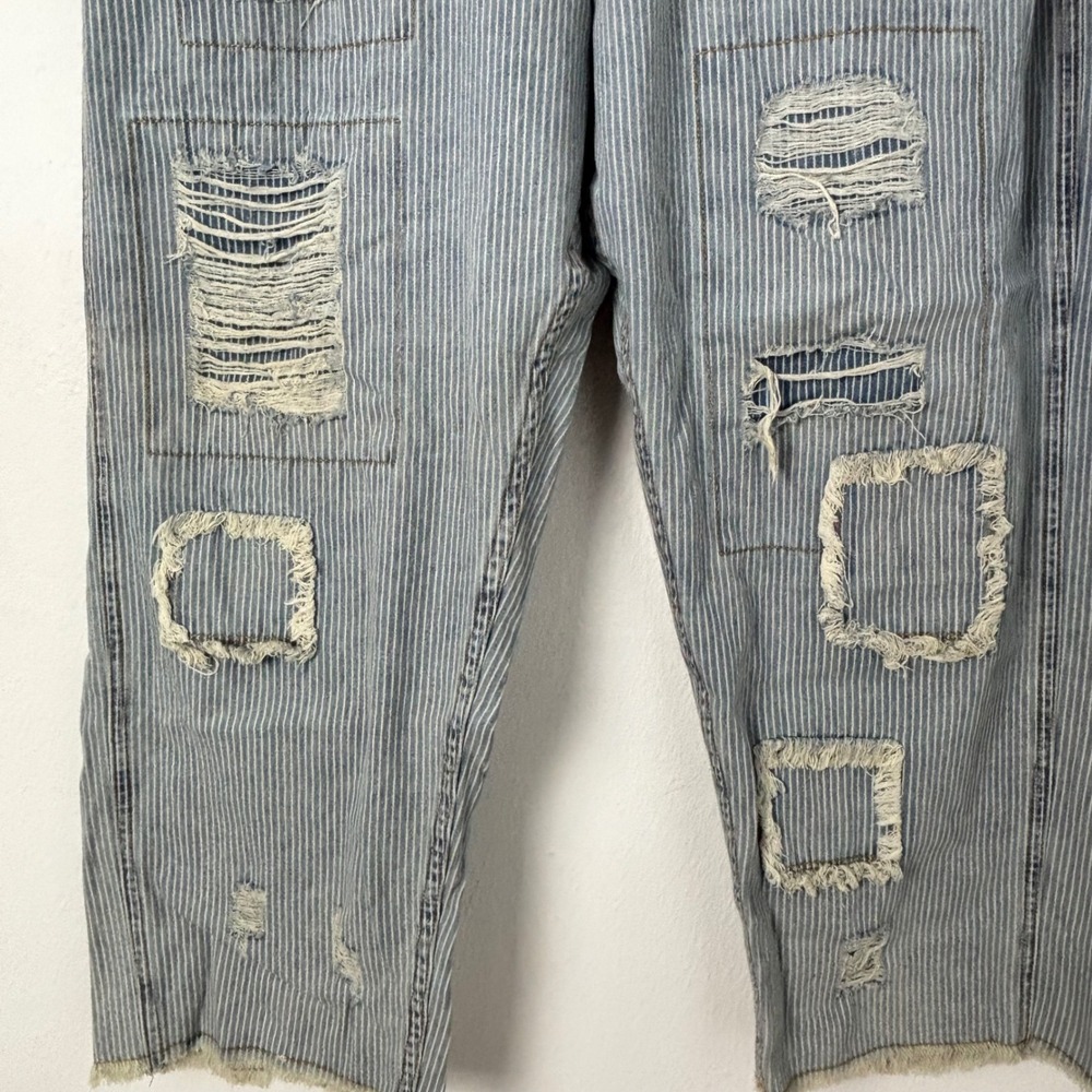 POL Hickory Stripe Distressed Patchwork Wide Leg Relaxed Grunge Denim Pants M - Picture 7 of 11